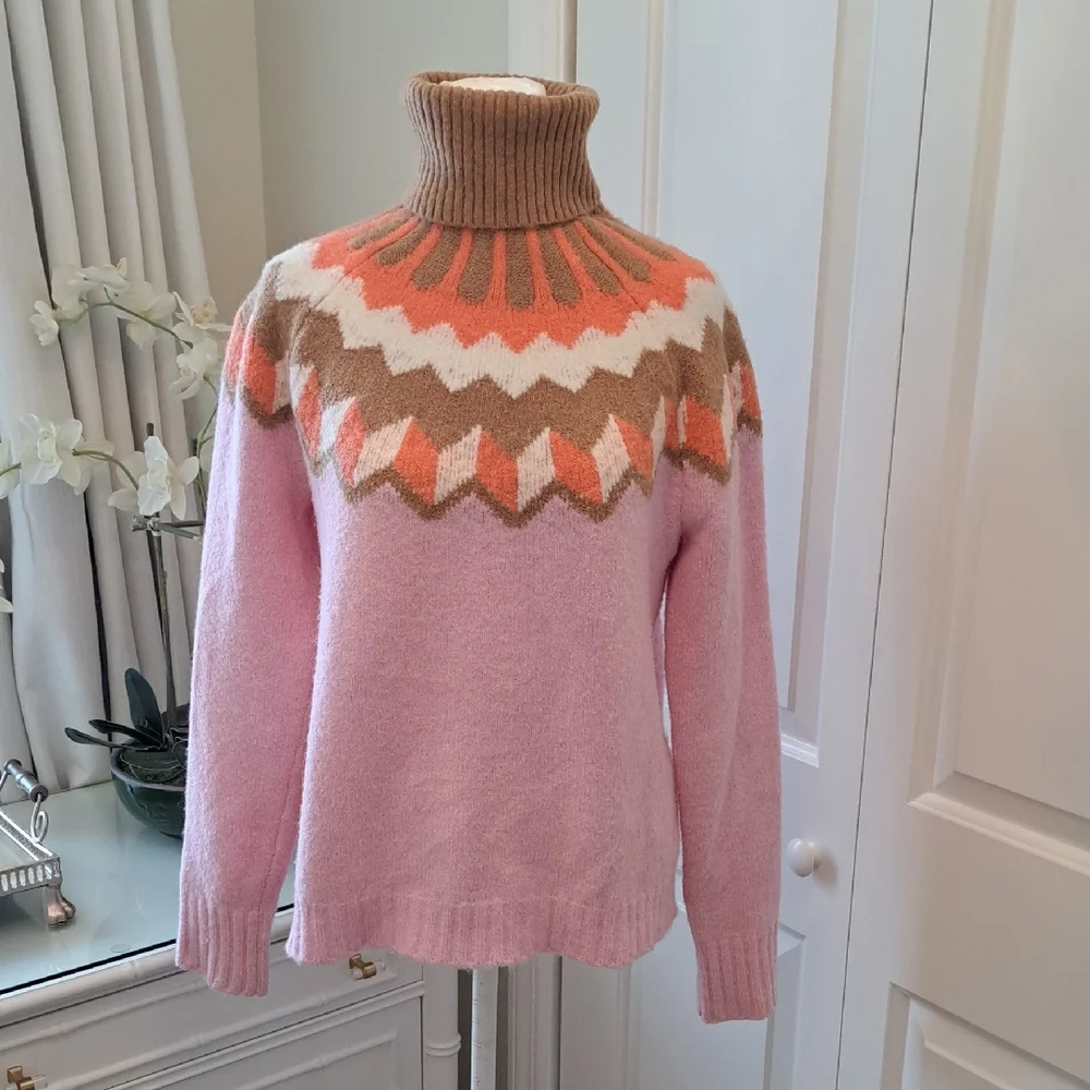J.Crew Womens Fair Isle Turtleneck Soft Alpaca Wool Blend Sweater Pink/Tan SM‎